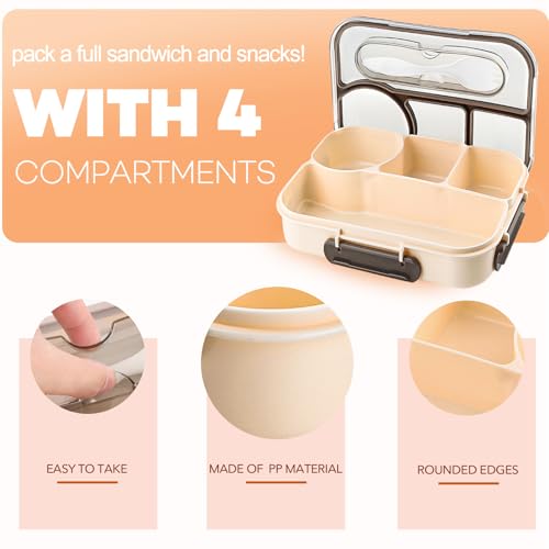 Bento Box for Adults,4 Compartments Lunch Box, Snack Containers Reusable Lunch Containers Drop-Proof, Dishwasher Safe & Made with BPA-Free Materials, Beige - color: Beige