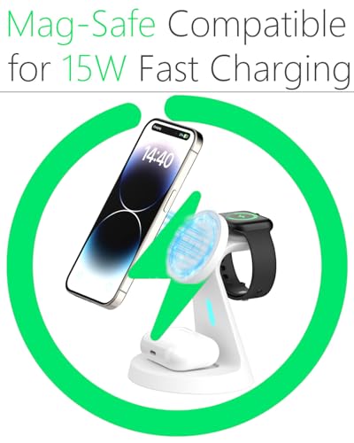 Wireless Charger Compatible with Mag-Safe,3 in 1 Charging Station for iPhone17/16/15/14/13/12 Series, Apple Watch,AirPods,15W Fast Charging (Adapter Included) - color: White