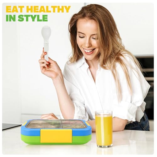 EASYFUN Bento Box Adult, Lunch Box, 3-Compartment Lunch Containers, Drop-Proof, Dishwasher Safe & Made with BPA-Free Materials (Blue green) - color: Blue green