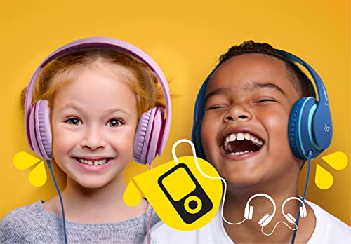 iJoy Premium Headphones with Microphone for Kids Kid Safe Over-Ear Headphones with Hearing Protection for Boys & Girls- Kid’s Adjustable Headset with Mic for School, Music- Blue (Pink)
