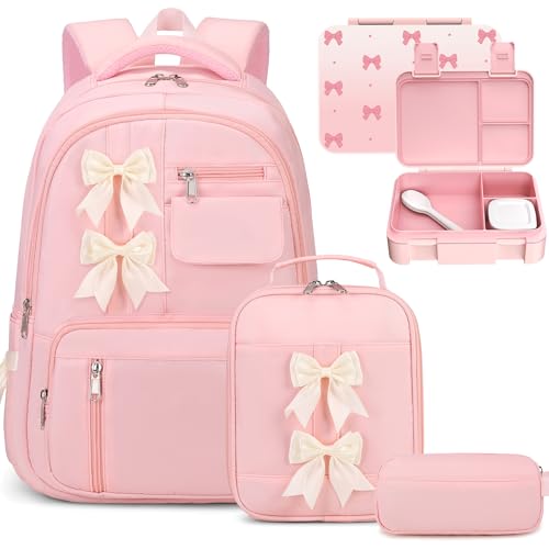 Bevalsa Backpack for Girls, Bow Kids Backpack with Bento Lunch Box, Insulated Bag & Utensils, 34oz Lunch Containers, Cute School Bookbag for Girls Children Teens for Elementary Middle Student (Pink) - color: Pink