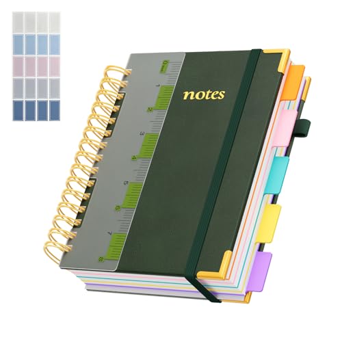 XYark A5 Hardcover Spiral Notebook, 6.3"x8.5" College Ruled Notebooks with Removable Dividers Tabs & Ruler, 5 Subject Notebook 300 Pages, Small Lined Journal for Women Men School Work Office, Green - color: Green, size: 6.3"x8.5"(A5)