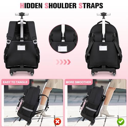 ACESAK Rolling Backpack for Girls - Roller Wheels School Bookbag with Lunch Bag & Pencil Pouch for Teen Girls Kids Wheeled Suitcase Backpacks, Elementary Middle School Travel Daypack (Black) - color: Black