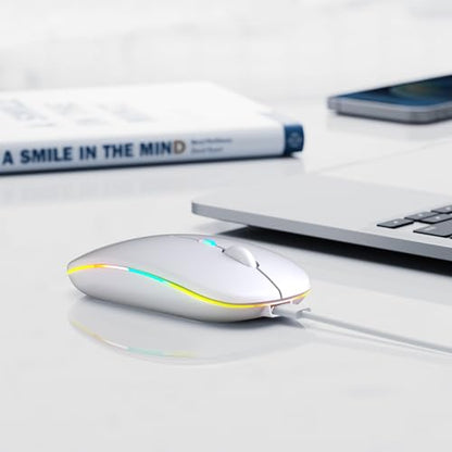 Wireless Bluetooth Mouse, Rechargeable, LED, Silent, Ultra-thin Design (Bluetooth 5.2 and 2.4GHz USB Receiver) | Portable Computer Mouse for Laptops, iPads, MacBooks and Apple Devices (white) - color: white