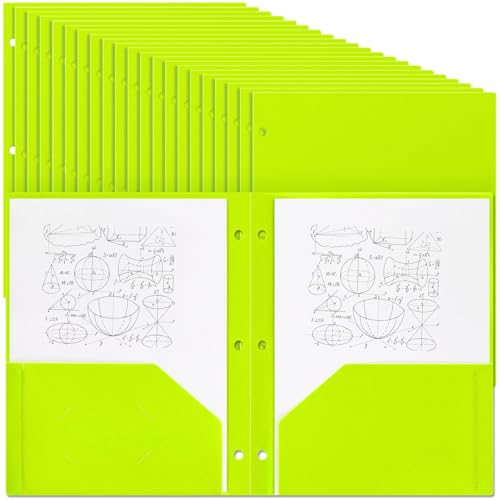 Yeaqee 100 Pcs Plastic Folders with Pockets Bulk 3 Hole Punched 2 Pocket File Folders for 3 Ring Binder Divider Folder for Notebooks, Durable Poly for Office Home (Fluorescent Green) - color: Fluorescent Green