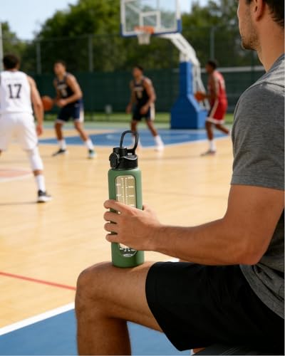 Nefeeko 32 oz Glass Water Bottles with Straw, Time Marker, Motivational 1 Liter BPA FREE Leakproof Reusable Glass Water Bottle with Silicone Sleeve, Bamboo, Spout Lid - color: Green