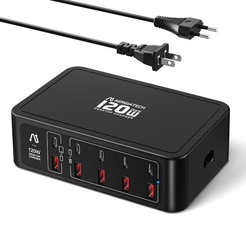 10-Ports USB C Charging Station, 120W Travel USB Power Strip with EU European Plug and US Plug, Multiport Charging Hub for iPhone 15/14/13/12, iPad Air/Pro, Galaxy -Black - color: Black
