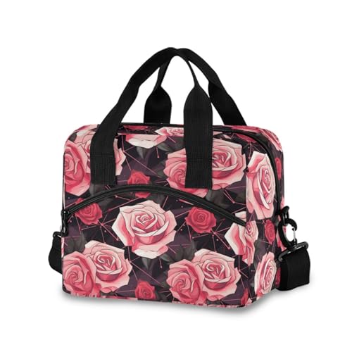 ALAZA Red Rose Geometric Insulated Lunch Bag Women Men Portable Reusable Cooler Lunch Tote Bag for Work Office Picnic College - color: Multi 01