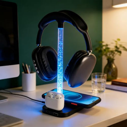 3 in 1 Wireless Charging Station with Headphone Stand, RGB Night Light, 15W Fast Wireless Charging, Desktop Wireless Charging Organizer, Multi Port Charging Stand for Desk