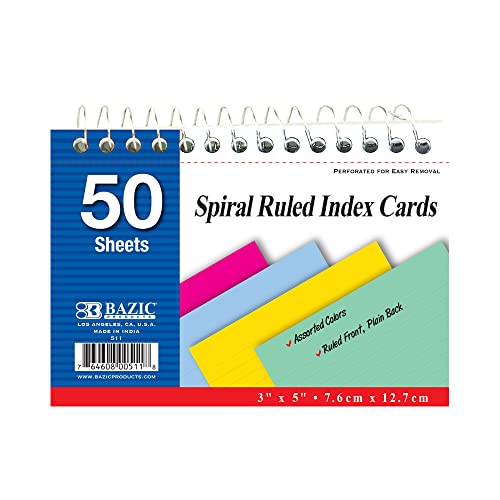 BAZIC Products Colored Spiral-Bound Index Cards, 3 x 5 in, 50 Ct | micro-perforated tear-out, fully colored spiral-bound ruled index cards, Ruled front, plain back - size: 1-Pack
