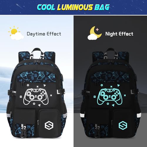Scothen Boys Backpack, Cool Luminous School Backpacks for Boys with Lunch Bag Pencil Case, Kids Backpack Kindergarten Elementary Middle School Book Bags for Teen Boy Children with USB Charging Port - color: Blue Pattern
