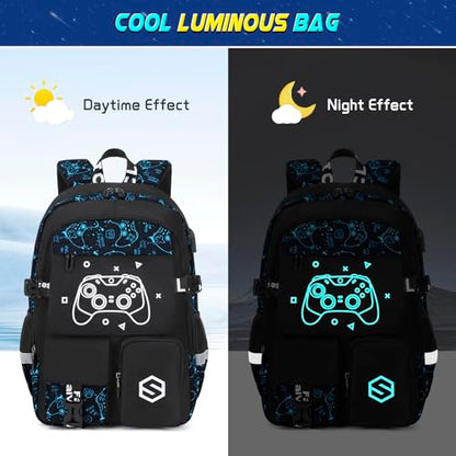 Scothen Boys Backpack, Cool Luminous School Backpacks for Boys with Lunch Bag Pencil Case, Kids Backpack Kindergarten Elementary Middle School Book Bags for Teen Boy Children with USB Charging Port - color: Blue Pattern