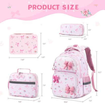 Kids Backpack for Girls 4-8, Cute 3D Soft Bow Toddler Backpack with 34oz Lunch Box, Insulated Bag, Pen Case & Utensils, School Bookbag for Preschool Kindergarten Elementary Student - color: Bow