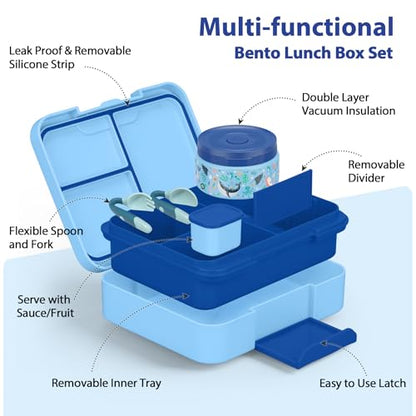 Kids Bento Lunch Box Set with 9.5oz Soup Thermo, Leak-Proof Lunch Food Containers with 3 Compartment and Removable Inner Tray, Insulated Hot Food Jar with Lunch Bag for School, Office, Sea Blue - color: Sea Blue