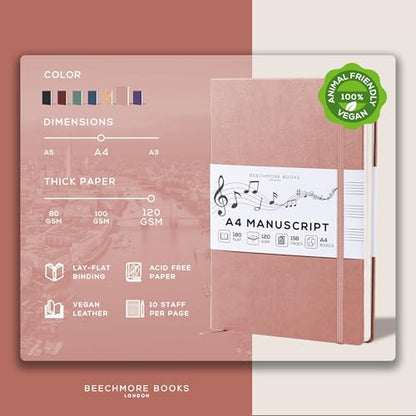 Beechmore Books Blank Sheet Music Notebook – A4 8.5"x11.5" for Songwriters, Musicians & Composers, 156 Thick 120gsm Pages, 10-Staff Perforated Sheets, Vegan Leather Hardcover, Elastic Closure, Gift Box - color: Rose Wood