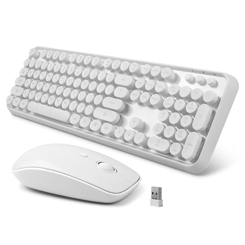 Wireless Keyboard and Mouse Combo - Cute Colorful Keyboard and Mouse, Retro Typewriter Keyboard with 2.4GHz Plug & Play, for Windows 11/10/7, Laptop, PC (White) - color: White