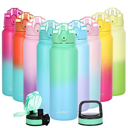 Oldley Insulated Water Bottle with Straw 20oz Stainless Steel Water Bottles with 3 lids Double-Wall Vacuum Thermal for Kids Adults School Sports,Light-Green-Blue - color: Light-Green-Blue, size: 20 Ounces