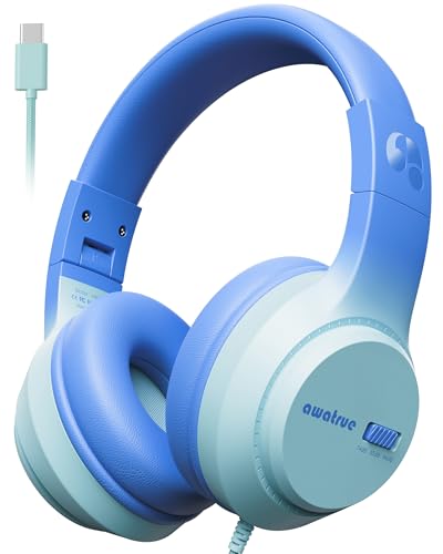 awatrue USB-C Kids Headphones, 74/85/94dB Volume Limiter, Foldable Wired Over Ear Headphones for Travel, Toddler Headphones for School, Travel, iPad, Tablet, Blue Gradient - color: USB-C Blue Gradient