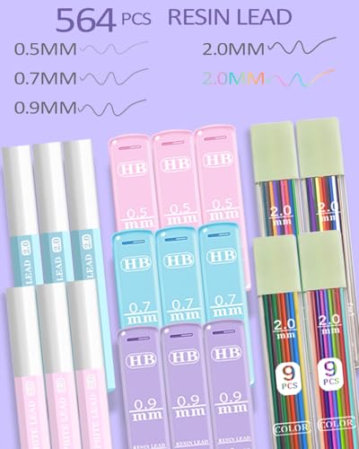 JIZHIYUAN Mechanical Pencil Set with Green Pencil Case,12X Pastel Mechanical Pencil 0.5mm-2.0mm with 564X HB+36X Color Leads for Writing, Drafting, Drawing, Sketching Ideal College Study Essentials - color: Green