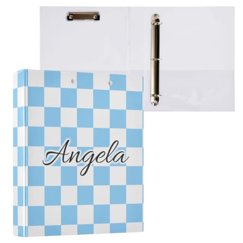 Custom 3 Ring Binder 1.5 Inch Round Rings Light Blue Checkered Personalized Name Binders Organizer Fashion View Binder with 2 Pockets for School Office Supplies - color: Multi15