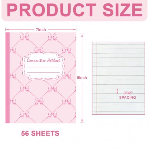 6 Packs 112 Pages Composition Notebook for Back to School 7-1/2" x 9-3/4" | Cute Pink Bow Composition Notebook College Ruled Bulk for First Day of School Office - color: Pink