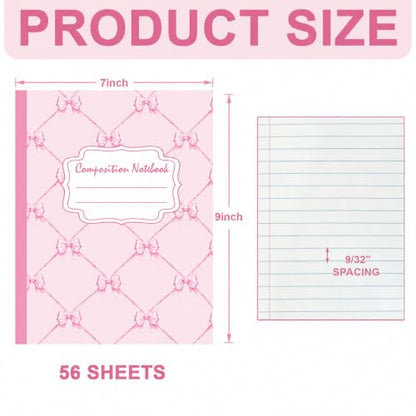6 Packs 112 Pages Composition Notebook for Back to School 7-1/2" x 9-3/4" | Cute Pink Bow Composition Notebook College Ruled Bulk for First Day of School Office - color: Pink