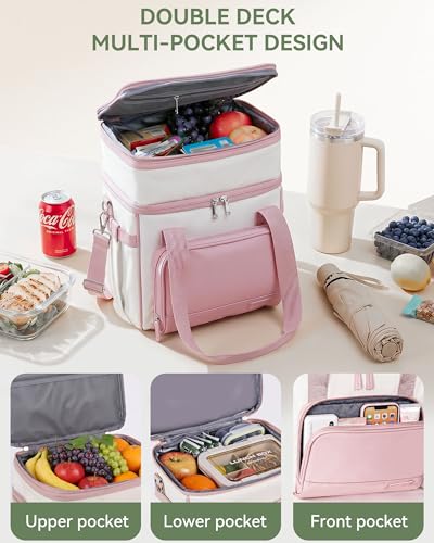 HOMESPON Double Layer Lunch Bag for Women Men, 14L Large Insulated Lunch Box with Shoulder Strap, Expandable Cooler Tote with Cup Holder for Work Office Picnic, Pink - color: Pink