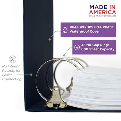 Carstens 4-Inch Heavy Duty 3-Ring Binder - Side Opening, Navy Blue, Durable Plastic, No-Gap Rings, Waterproof Cover, No Pockets, Holds 600 US Letter Sheets, BPA-Free, Made in USA (1849-3R), Case of 10 - color: Navy Blue, size: Case of 10