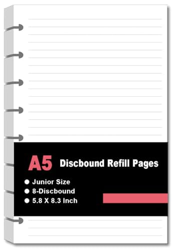 Junior Size Refills Paper - 8 Discs Discbound Paper, A5 Loose Leaf Paper for TUL Custom Note-Taking System Discbound Notebook Planner Inserts, 100 Sheets/200 Pages, College Ruled, 5.8 X 8.25 Inch
