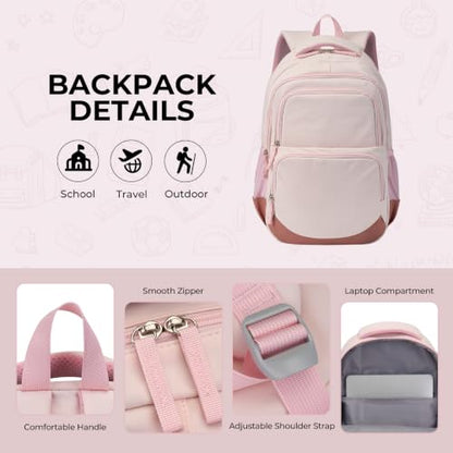 Glodwheat 3Pcs Backpack Set For Girls With Insulated Lunch Bag & Pencil Case, Lightweight Water-Resistant School Bookbag With 11 Compartments / 20L - color: Blush