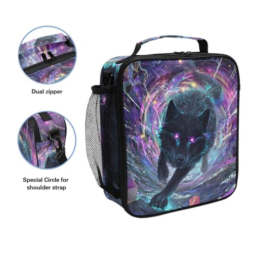 Black Wolf Purple Eyes Galaxy Lunch Box Insulated Lunch Bag Kids Cooler Tote Bag Freezable Shoulder Strap Lunchbox for Girls School Picnic - color: Multi2404