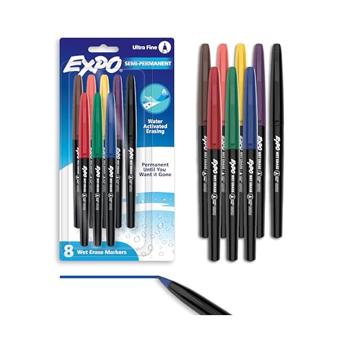 EXPO Vis-a-Vis Wet Erase Markers, Semi-Permanent, Assorted Colors, Ultra Fine Tip, 8 Count - For Writing on Glass, Whiteboards, Mirrors, Calendar, Labeling, Organizing - size: 8 Count, style: Ultra Fine