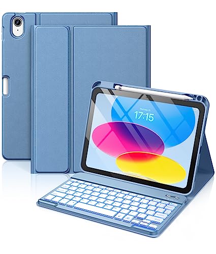 Hamile for iPad 11th 10th Generation Case with Keyboard - 7 Colors Backlit Wireless Detachable Folio Keyboard Cover with Pencil Holder for iPad 11-inch A16 2025 10th Gen 10.9 Inch 2022 (Blue) - color: Blue