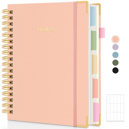 SKYDUE 5 Subject Notebook with Dividers and Tabs, 8" x 10" College Ruled Notebook for Work, 300 Pages Spiral Journal for Women, Pink - color: Pink
