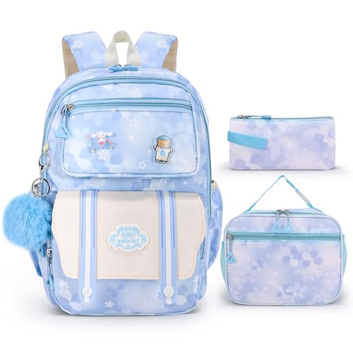 Girls Backpack,Cute Print School Kids Backpack with Insulated Lunch Box Pen Case Set,Kindergarten Elementary School Book Bag for Girls Children Students(3 pieces set -Blue) - color: 3 Pieces Set -Blue