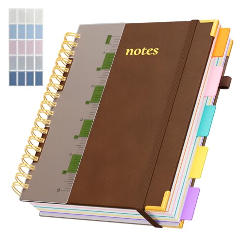 Line Hardcover Spiral Notebook with Removable Dividers Tabs & Ruler, 5 Subject Notebook College Ruled, 300 Page, Large 8"x10" B5 Notebooks for Work School, Lined Journal for Women & Men, Brown - color: Brown, size: 8"x10"(B5)