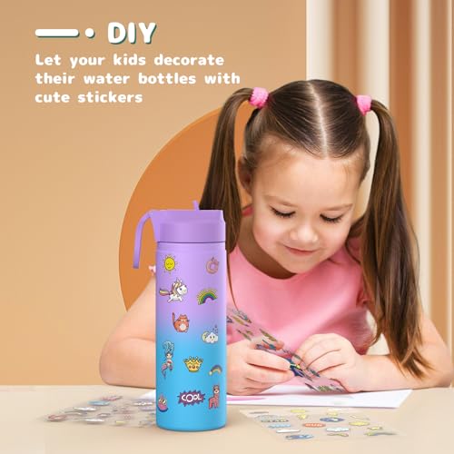 Gonfoam 20oz Kids Stainless Steel Insulated Water Bottle, 2 Pack | DIY Stickers, BPA-free, Leak-proof, Sturdy, Keeps Cold 24h, Easy to Carry, Easy to Clean, Back to School, Gifts - color: Purple+Green, size: 20 Ounces