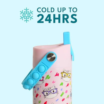 Elemental Insulated Kids Water Bottle, Stainless Steel Water Bottle with Straw Lid & Pop-It Handle, Leak-Proof Water Bottles for School, Boys or Girls, Travelling and Sports, 18oz - Stylish Cat - color: Stylish Cat