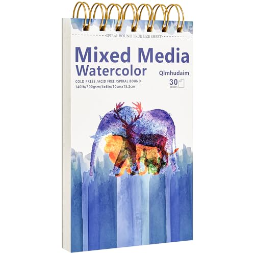 Qlmhudam Watercolor Paper Pad 4" x6”(30 Sheets, 140lb/300g), Spiral - Bound with Tear - Line. A Small Watercolor pad and Artist-Grade Watercolor Book for Adults & Kids -Compact Travel Sketchbook - size: 4 x 6 Inches (1 pack)