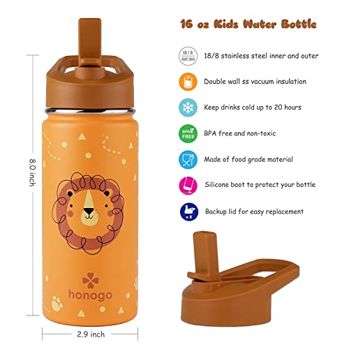 16 oz Stainless Steel Insulated Kids Water Bottle, Leak Proof Metal Thermal Flask with Straw lid, Cute Toddler Tumbler Cup for School Girls & Boys (Lion, Orange) - color: Lion, Orange