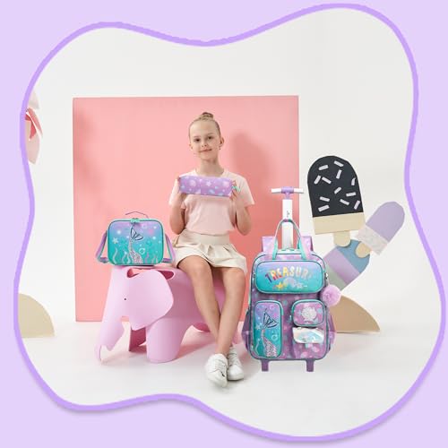 Mermaid Rolling Backpack with Wheels for Girls School Rolling Backpack Kids Travel Luggage for Girls Ages 5-12 - color: A Blue Mermaid