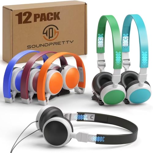 12-Pack Bulk Classroom Headphones - 6 Colors (2 Each) No Mic Kids Headphones, Volume Limiting 85dB, Mutipack Wired School Headsets for Chromebooks/Library/Testing, w/Protective Bags - size: 12-PACK
