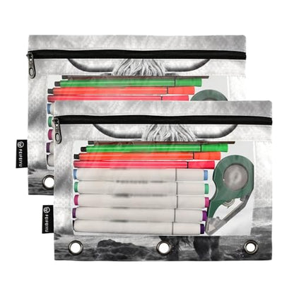ATTX Funny Highland Cow Pencil Pouch for 3-Ring Binder - Large Capacity Clear Window Pencil Case with Smooth Zipper, Heavy Duty Office Supplies Organizer - color: Funny Highland Cow