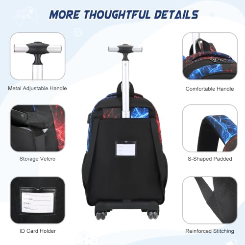 Scothen 3PCS Rolling Backpack for Boys, Cool Gamer Roller Backpack with Wheels, Kids Boy Wheeled Backpacks with Lunch Bag Pencil Case for Teens Bookbag Kindergarten Elementary Middle School - color: Red Blue Lighting