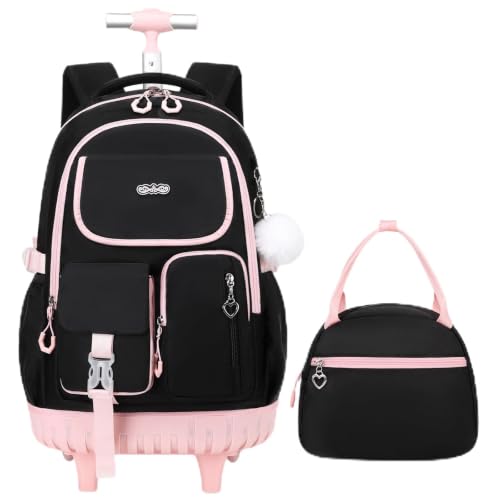 DIGOBAY Rolling Backpack for Girls, Girls Roller Backpack with Lunch Bag and Pencil Case, School Bookbag with Wheels for Elementary Middle High School Travel, Black Pink - color: Black and Pink