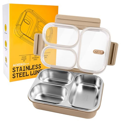 Stainless Steel Lunch Box, 3 Compartments Metal Bento Box for Kids, 25oz Lunch Container with Leakproof Lid, Divided Meal Prep Box for Adults, Kids - Ideal for Office, School, Healthy Eating - color: Mocha Khaki