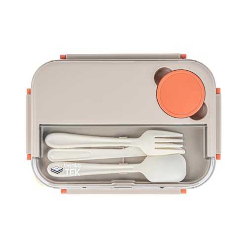 Restaurantware-Bento Tek 43.9 Ounce Bento Box, 1 Reusable Lunch Container - With Cutlery, Does Not Contain BPA, Brown And Orange Plastic Reusable Lunch Box, Sauce Cup Included, Microwavable - size: 1 Count, style: 44 oz - Brown