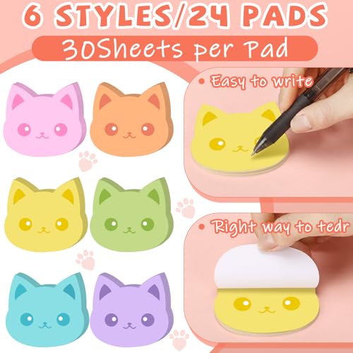 Yinder 24 Pads Cute Sticky Notes Fun Kawaii Cat Sticky Notes Pads Bulk Cartoon Memo Self Adhesive Gift for Valentines Veterinary Office School Tab Party Supplies - style: Novelty Cat