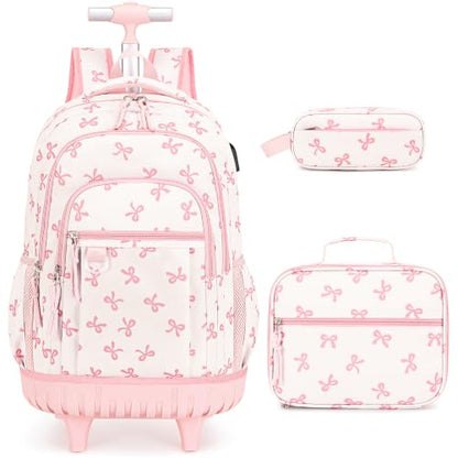 DIGOBAY Rolling Backpack for Girls, Cute Girls Backpack with Wheels, Kids Wheeled backpacks Set with Lunch Bag Pencil Case for Teen Girl, Roller School Bag with Wheels for Elementary Middle School - color: Beige and Pink Bow