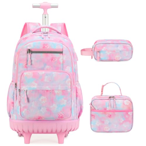 ACESAK Rolling Backpack for Girls - Roller Wheels School bag with Lunch Bag & Pencil Pouch for Teen Girls Kids Wheeled Suitcase Backpacks, Elementary Middle School Travel Daypack (Pink Gradient) - color: Pink Gradient